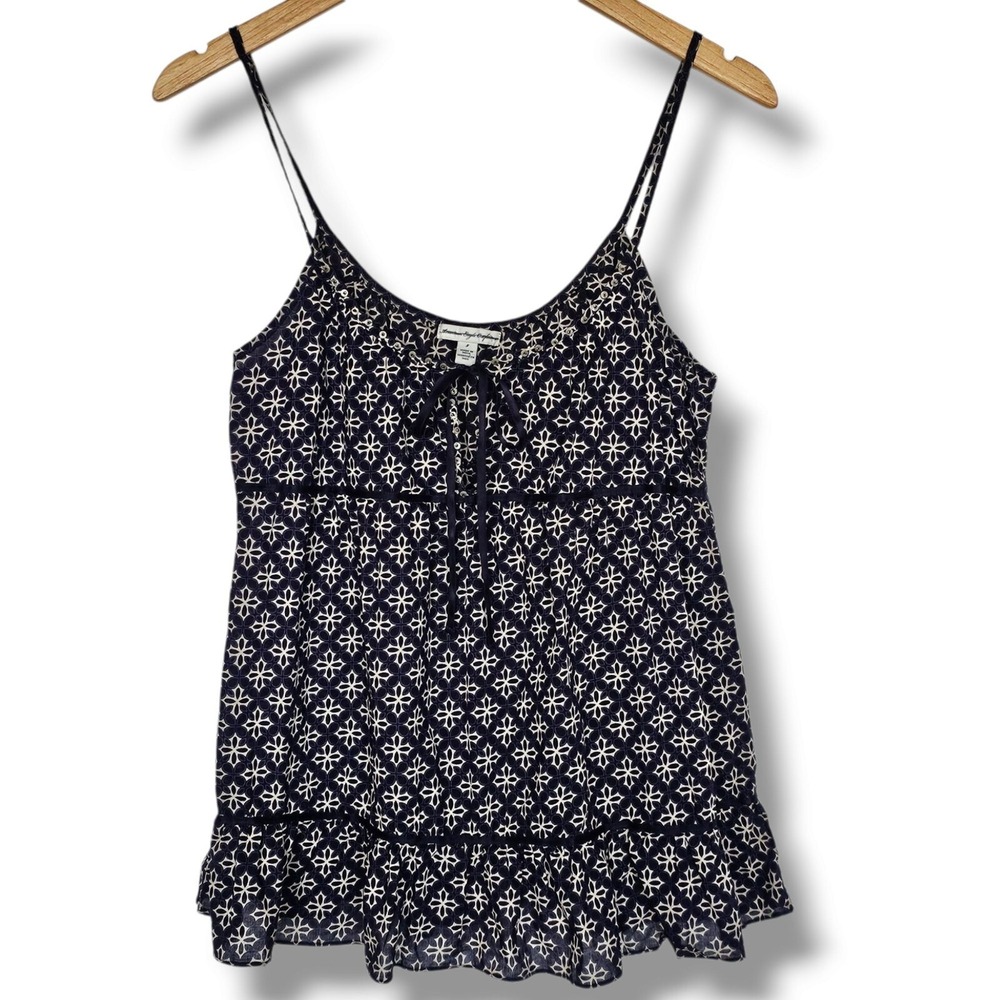 American Eagle Y2K Babydoll Top Size 8 Navy Blue Floral Ruffle Tank Boho Peasant